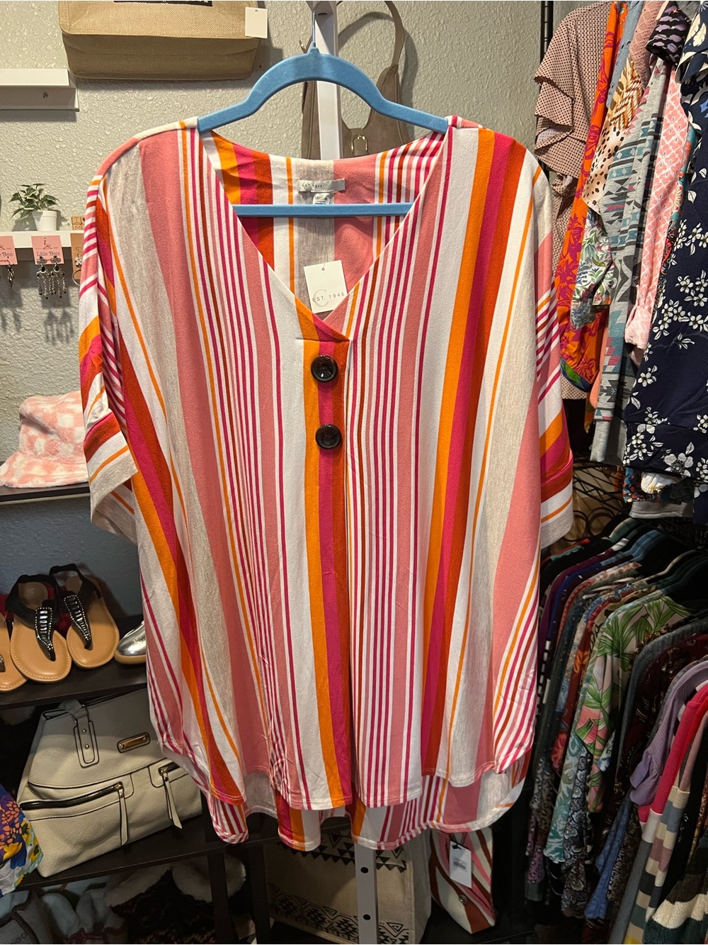 Cato Pink, Orange & White Striped V-Neck Tunic